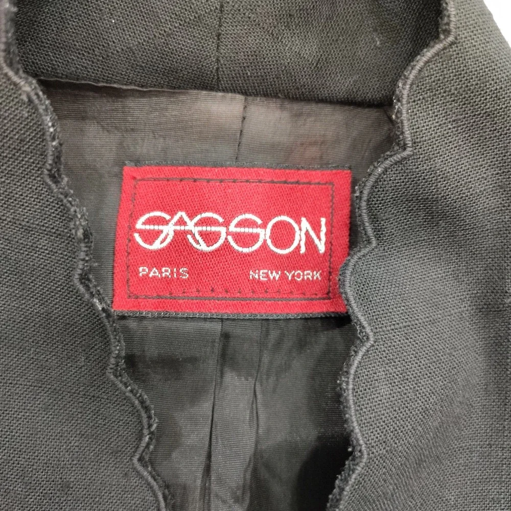 Vtg Sasson Paris Women's Blazer‎ 4/5 Collarless Blazer Jacket Scalloped Hem - Picture 8 of 12